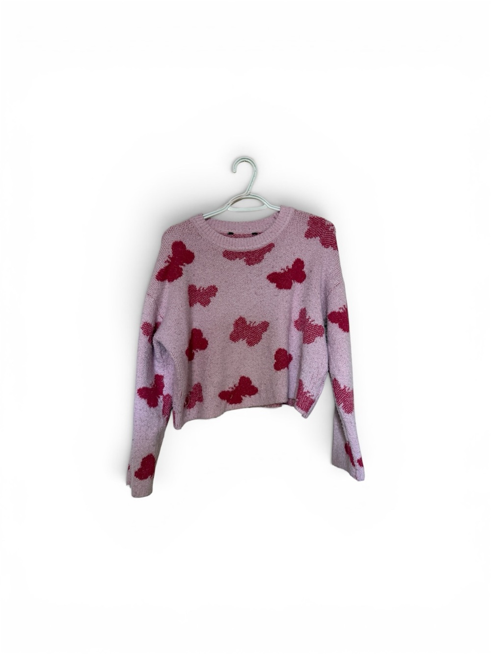 Women's Pink Butterfly Pattern Cropped Sweater Hoodie